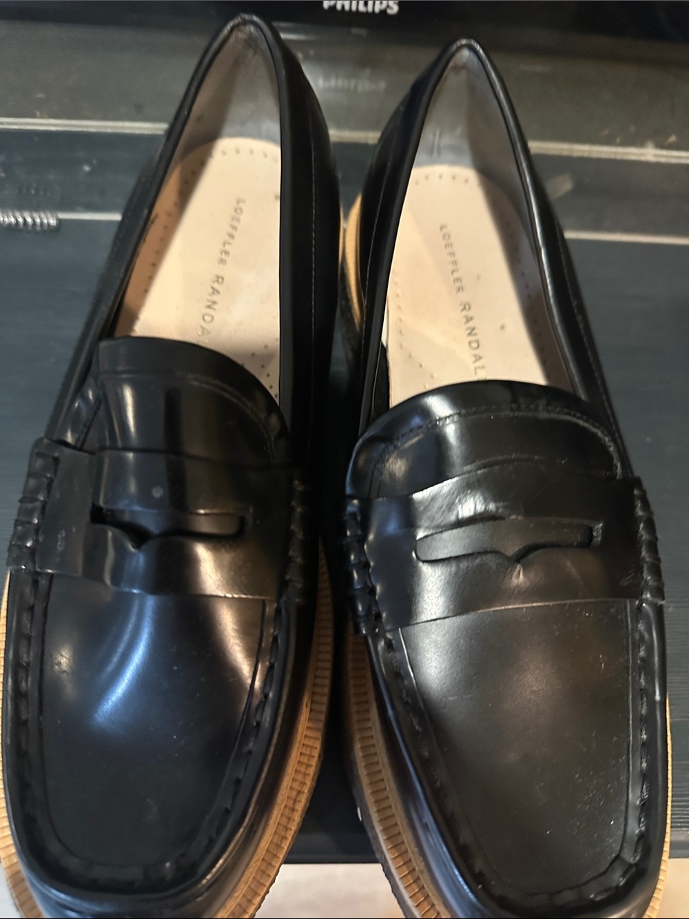 Women’s Loeffler Randall Black Leather Penny Loafers with Tan Sole